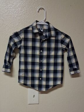 Janie and Jack Navy and Cream Plaid Button-Down Shirt Size 4 Boy